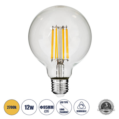 99011 Λάμπα LED Long Filament E27 G95 Γλόμπος 12W 1200lm 360° AC 220-240V IP20 Φ9.5 x Υ13.5cm Θερμό Λευκό 2700K με Διάφανο Γυαλί - Dimmable