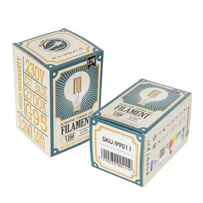 99011 Λάμπα LED Long Filament E27 G95 Γλόμπος 12W 1200lm 360° AC 220-240V IP20 Φ9.5 x Υ13.5cm Θερμό Λευκό 2700K με Διάφανο Γυαλί - Dimmable