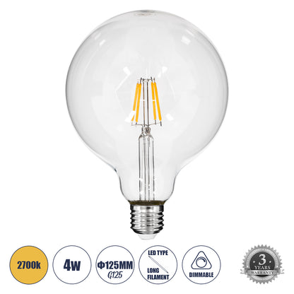 99012 Λάμπα LED Long Filament E27 G125 Γλόμπος 4W 400lm 360° AC 220-240V IP20 Φ12.5 x Υ18cm Θερμό Λευκό 2700K με Διάφανο Γυαλί - Dimmable