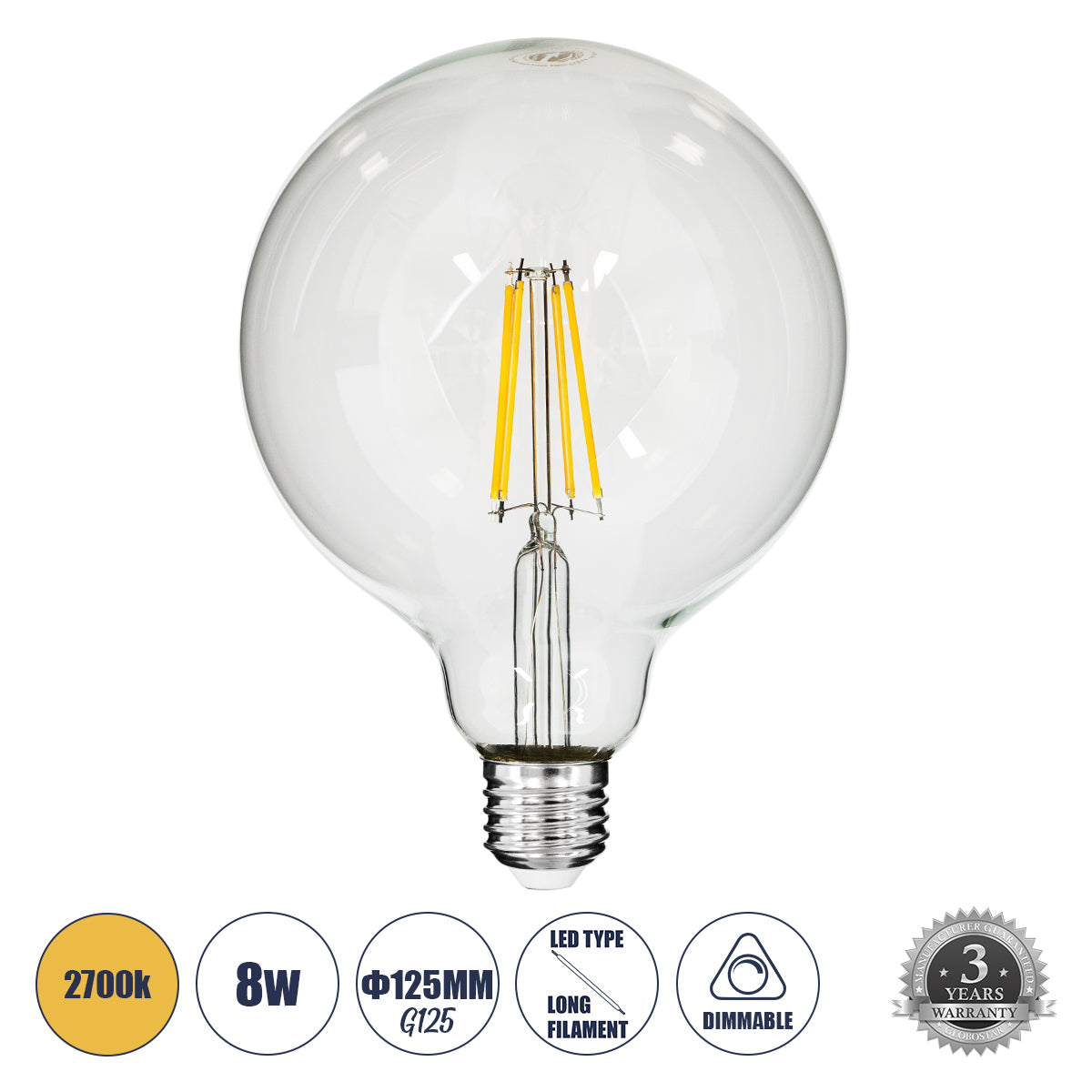 99013 Λάμπα LED Long Filament E27 G125 Γλόμπος 8W 800lm 360° AC 220-240V IP20 Φ12.5 x Υ18cm Θερμό Λευκό 2700K με Διάφανο Γυαλί - Dimmable