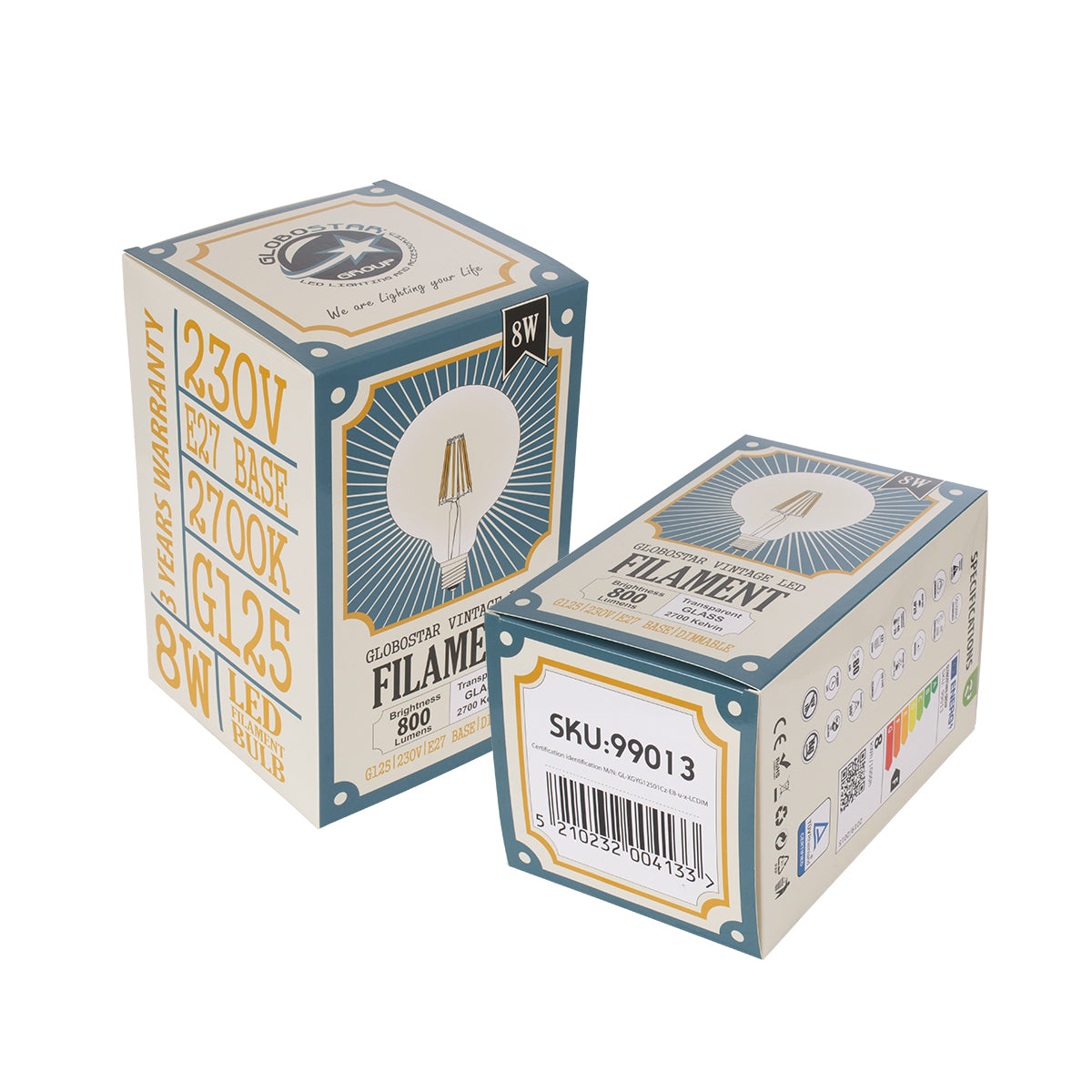 99013 Λάμπα LED Long Filament E27 G125 Γλόμπος 8W 800lm 360° AC 220-240V IP20 Φ12.5 x Υ18cm Θερμό Λευκό 2700K με Διάφανο Γυαλί - Dimmable