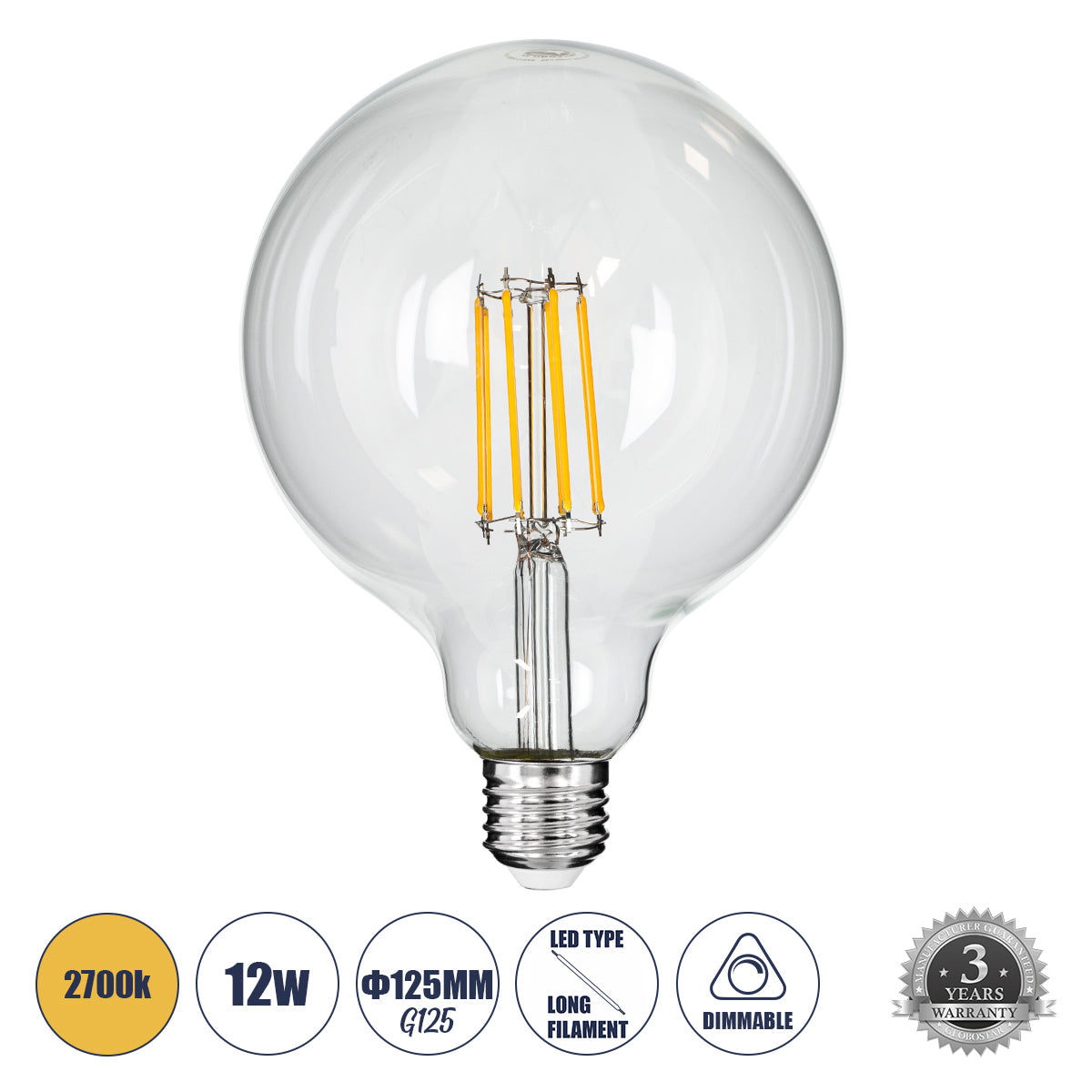 99014 Λάμπα LED Long Filament E27 G125 Γλόμπος 12W 1200lm 360° AC 220-240V IP20 Φ12.5 x Υ18cm Θερμό Λευκό 2700K με Διάφανο Γυαλί - Dimmable