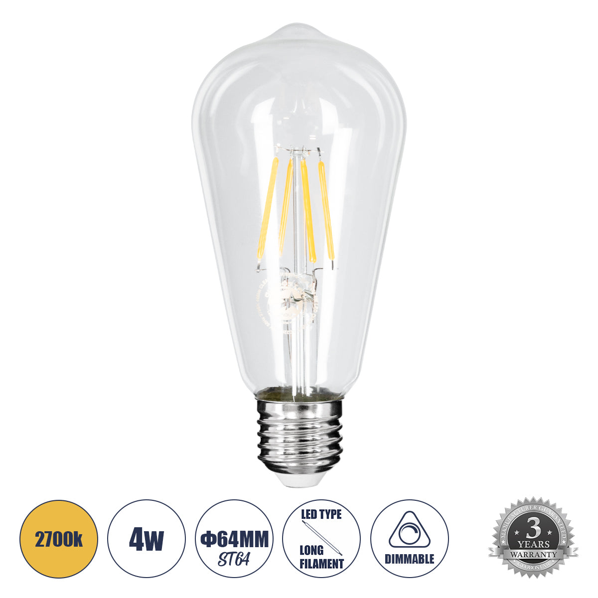 99015 Λάμπα LED Long Filament E27 ST64 Αχλάδι 4W 400lm 360° AC 220-240V IP20 Φ6.4 x Υ14cm Θερμό Λευκό 2700K με Διάφανο Γυαλί Dimmable