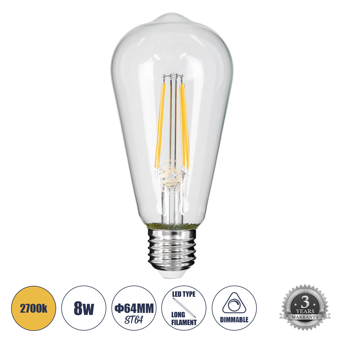 99016 Λάμπα LED Long Filament E27 ST64 Αχλάδι 8W 800lm 360° AC 220-240V IP20 Φ6.4 x Υ14cm Θερμό Λευκό 2700K με Διάφανο Γυαλί - Dimmable