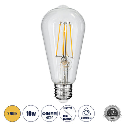 99017 Λάμπα LED Long Filament E27 ST64 Αχλάδι 10W 1000lm 360° AC 220-240V IP20 Φ6.4 x Υ14cm Θερμό Λευκό 2700K με Διάφανο Γυαλί - Dimmable