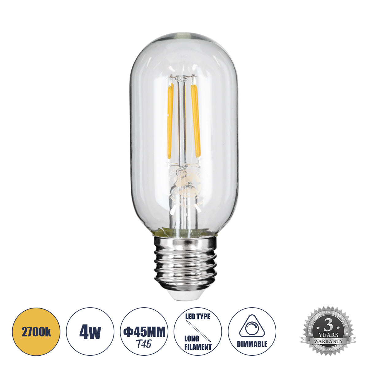 99018 Λάμπα LED Long Filament E27 T45 Σωλήνας 4W 400lm 360° AC 220-240V IP20 Φ4.5 x Υ11cm Θερμό Λευκό 2700K με Διάφανο Γυαλί - Dimmable