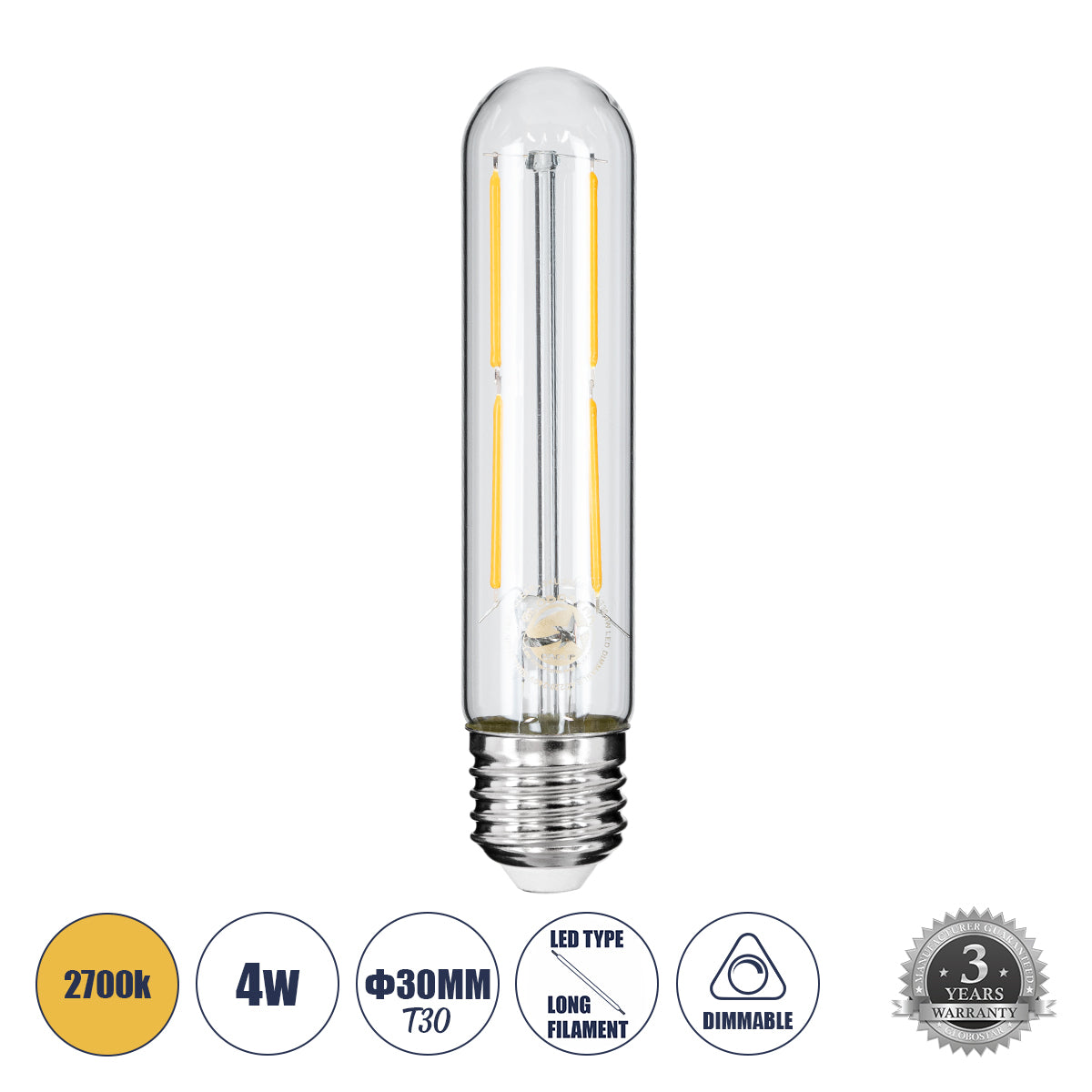 99019 Λάμπα LED Long Filament E27 T30 Σωλήνας 4W 400lm 360° AC 220-240V IP20 Φ3 x Υ13.5cm Θερμό Λευκό 2700K με Διάφανο Γυαλί - Dimmable