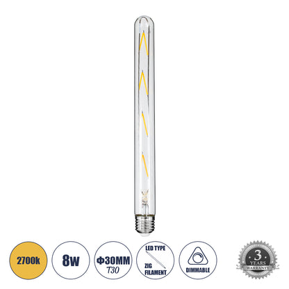 99020 Λάμπα LED Long Filament E27 T30 Σωλήνας 8W 800lm 360° AC 220-240V IP20 Φ3 x Υ30cm Θερμό Λευκό 2700K με Διάφανο Γυαλί - Dimmable