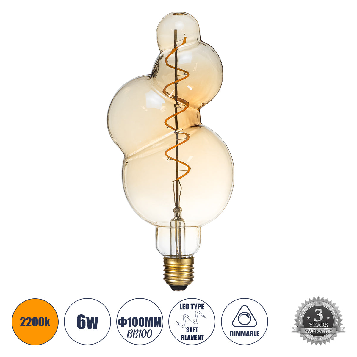 99021 Λάμπα LED Soft S Spiral Filament E27 BB100 BUBBLES Γλόμπος 6W 420lm 360° AC 220-240V IP20 Φ10 x Υ24cm Ultra Θερμό Λευκό 2200K με Μελί Γυαλί - Dimmable