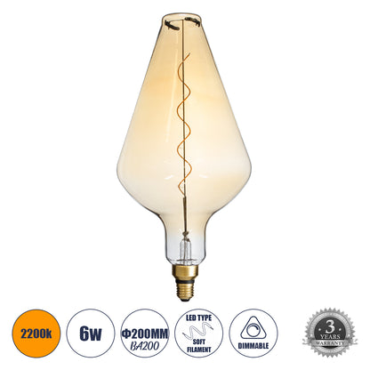 99022 Λάμπα LED Soft S Spiral Filament E27 BA200 ROCKET Γλόμπος 6W 420lm 360° AC 220-240V IP20 Φ20 x Υ41.5cm Ultra Θερμό Λευκό 2200K με Μελί Γυαλί - Dimmable