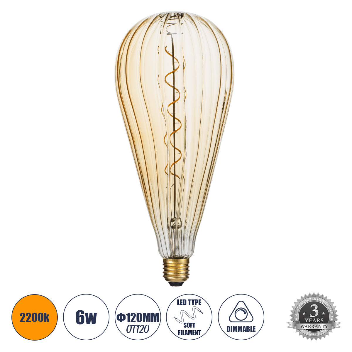 99024 Λάμπα LED Soft S Spiral Filament E27 OT120 ZEPPELIN Γλόμπος 6W 420lm 360° AC 220-240V IP20 Φ12 x Υ46cm Ultra Θερμό Λευκό 2200K με Μελί Γυαλί - Dimmable
