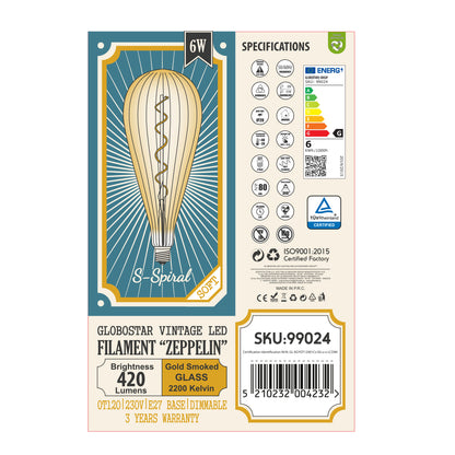 99024 Λάμπα LED Soft S Spiral Filament E27 OT120 ZEPPELIN Γλόμπος 6W 420lm 360° AC 220-240V IP20 Φ12 x Υ46cm Ultra Θερμό Λευκό 2200K με Μελί Γυαλί - Dimmable