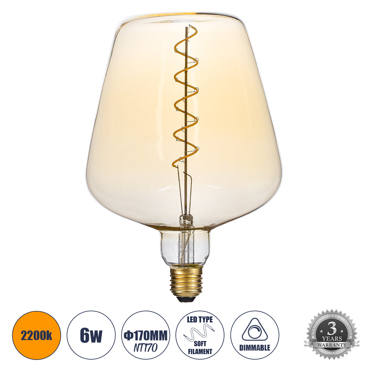 99025 Λάμπα LED Soft S Spiral Filament E27 NT170 BRANDY Γλόμπος 6W 420lm 360° AC 220-240V IP20 Φ17 x Υ23cm Ultra Θερμό Λευκό 2200K με Μελί Γυαλί - Dimmable