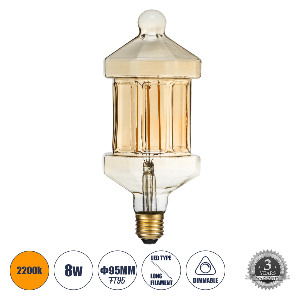 99026 Λάμπα LED Long Filament E27 FT95 LANTERN Γλόμπος 8W 650lm 360° AC 220-240V IP20 Φ9.5 x Υ21.5cm Ultra Θερμό Λευκό 2200K με Μελί Γυαλί - Dimmable