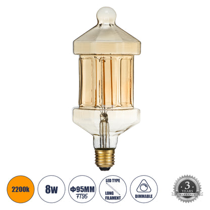 99026 Λάμπα LED Long Filament E27 FT95 LANTERN Γλόμπος 8W 650lm 360° AC 220-240V IP20 Φ9.5 x Υ21.5cm Ultra Θερμό Λευκό 2200K με Μελί Γυαλί - Dimmable