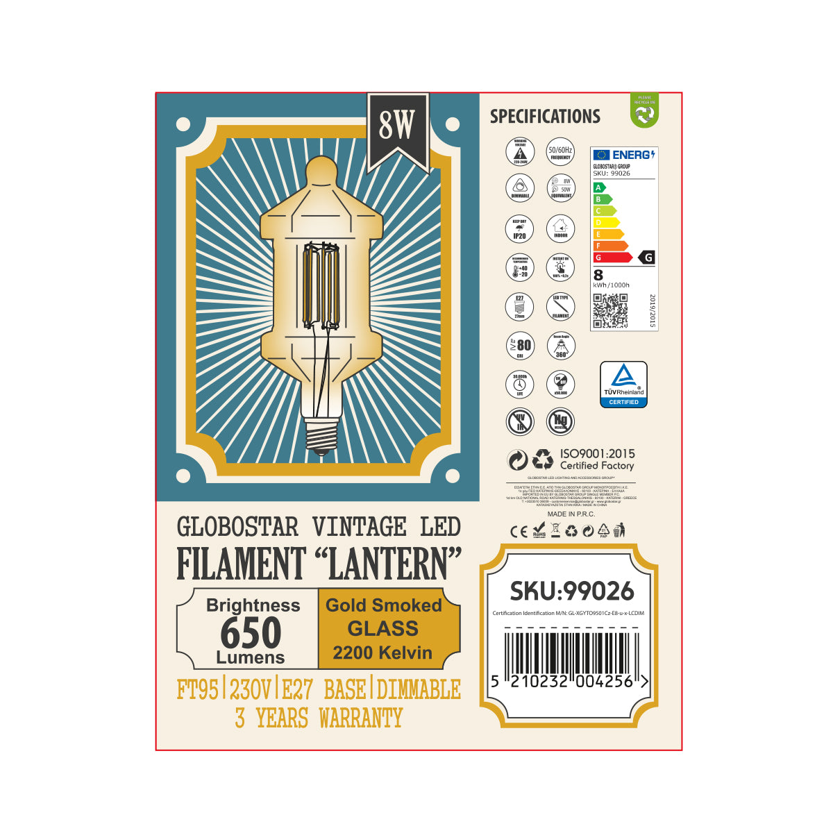 99026 Λάμπα LED Long Filament E27 FT95 LANTERN Γλόμπος 8W 650lm 360° AC 220-240V IP20 Φ9.5 x Υ21.5cm Ultra Θερμό Λευκό 2200K με Μελί Γυαλί - Dimmable