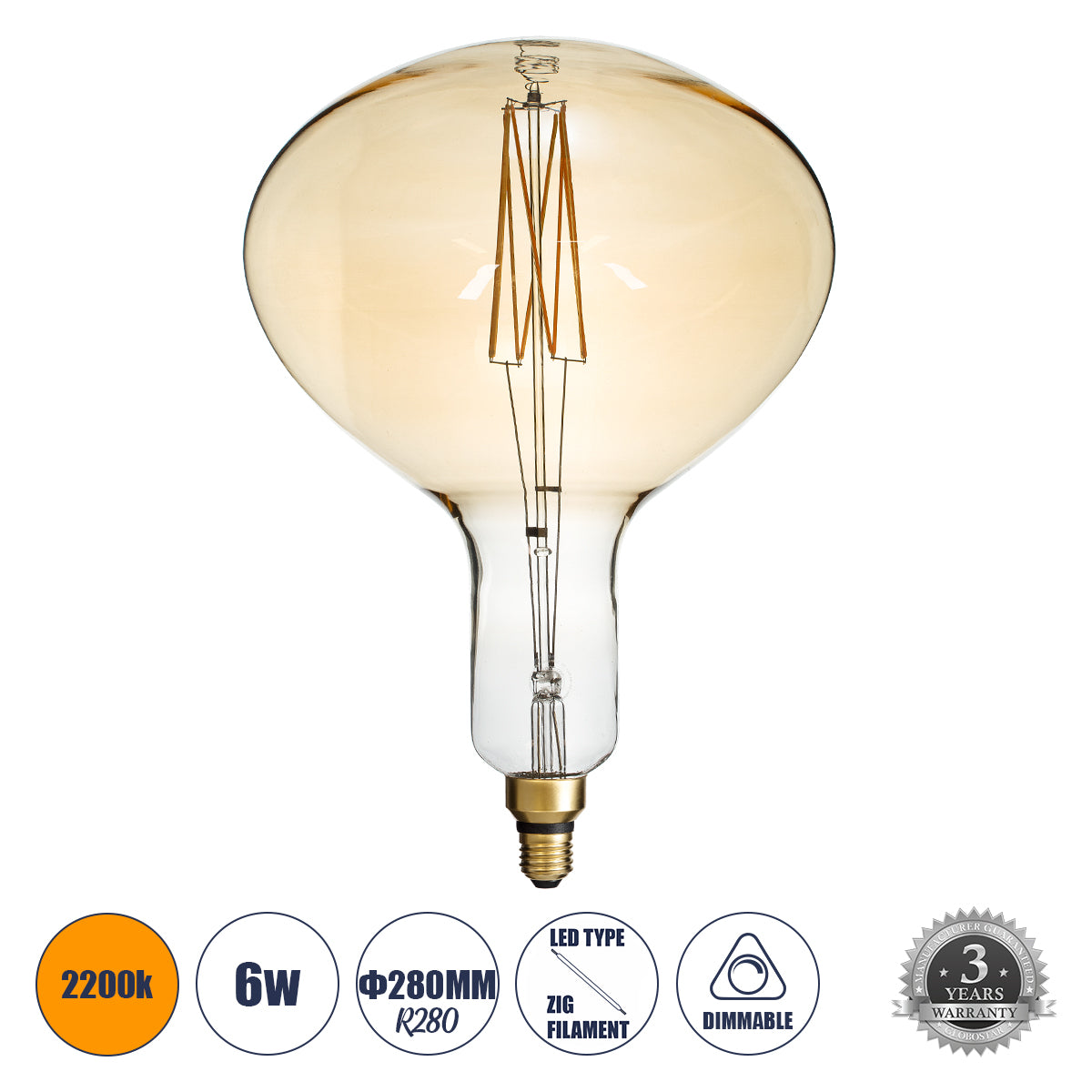 99027 Λάμπα LED Zig Long Filament E27 R280 BUTTERNUT Γλόμπος 6W 420lm 360° AC 220-240V IP20 Φ28 x Υ41cm Ultra Θερμό Λευκό 2200K με Μελί Γυαλί - Dimmable