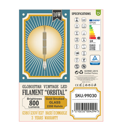 99030 Λάμπα LED Long Filament E27 G380 ORBITAL Γλόμπος 10W 800lm 360° AC 220-240V IP20 Φ38 x Υ55cm Ultra Θερμό Λευκό 2200K με Μελί Γυαλί - Dimmable - The Bigger Bulb in Greece