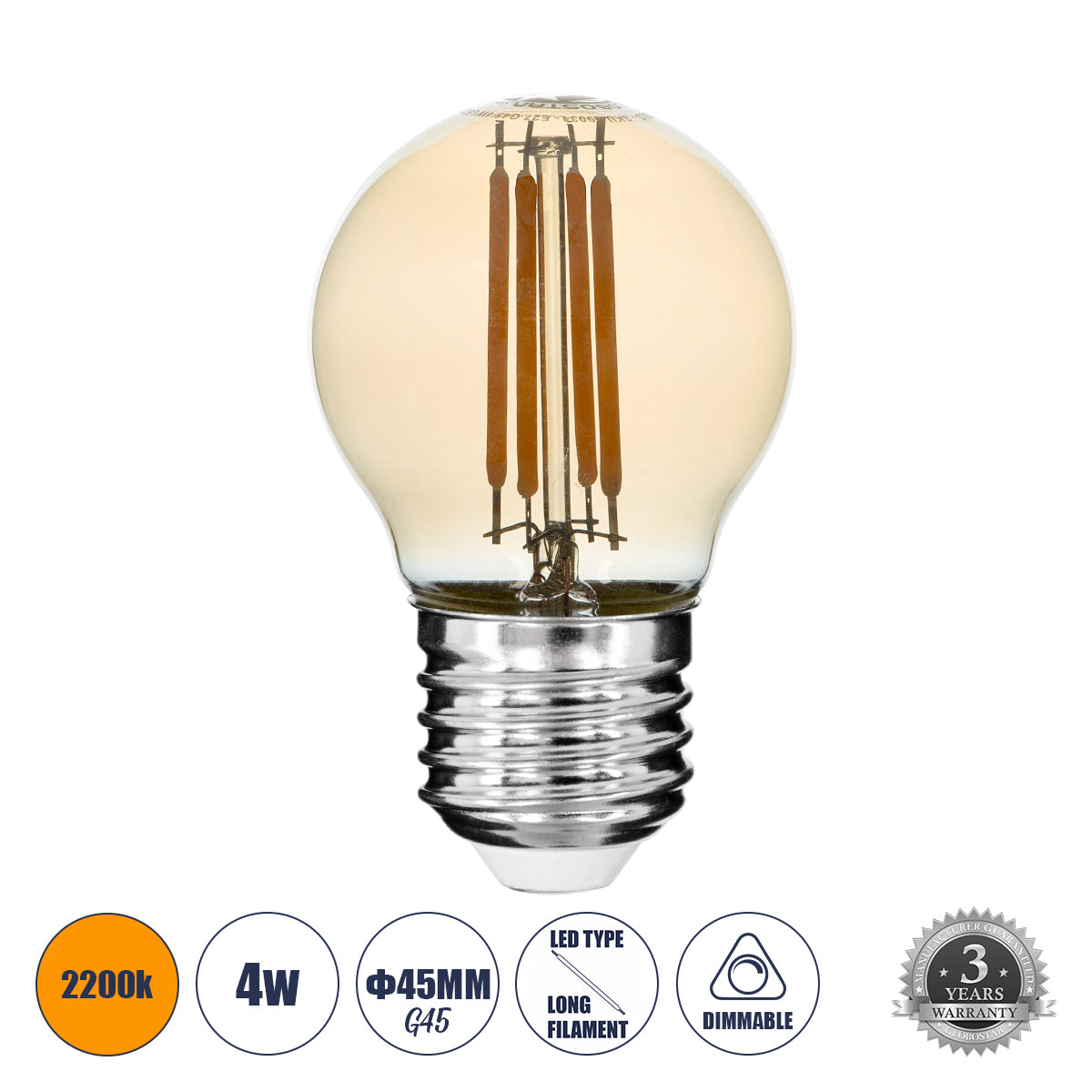 99034 Λάμπα LED Long Filament E27 G45 Γλομπάκι 4W 350lm 360° AC 220-240V IP20 Φ4.5 x Υ7.5cm Ultra Θερμό Λευκό 2200K με Μελί Γυαλί - Dimmable