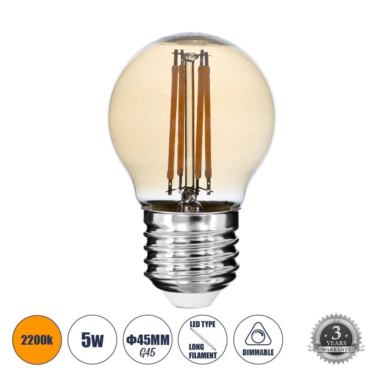 99035 Λάμπα LED Long Filament E27 G45 Γλομπάκι 5W 450lm 360° AC 220-240V IP20 Φ4.5 x Υ7.5cm Ultra Θερμό Λευκό 2200K με Μελί Γυαλί - Dimmable