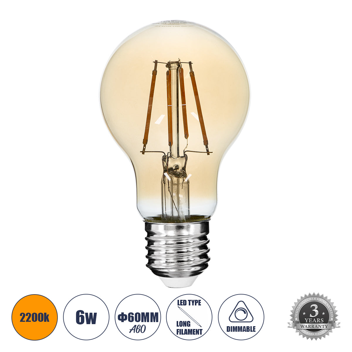 99036 LED Long Filament Bulb E27 A60 Globe 6W 550lm 360° AC 220-240V IP20 D6 x H10.5cm Ultra Θερμό Λευκό 2200K με Μελί Γυαλί - Dimmable