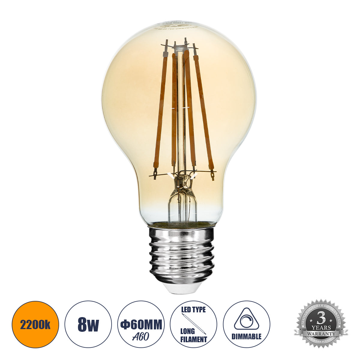 99037 LED Long Filament Bulb E27 A60 Globe 8W 720lm 360° AC 220-240V IP20 D6 x H10.5cm Ultra Θερμό Λευκό 2200K με Μελί Γυαλί - Dimmable