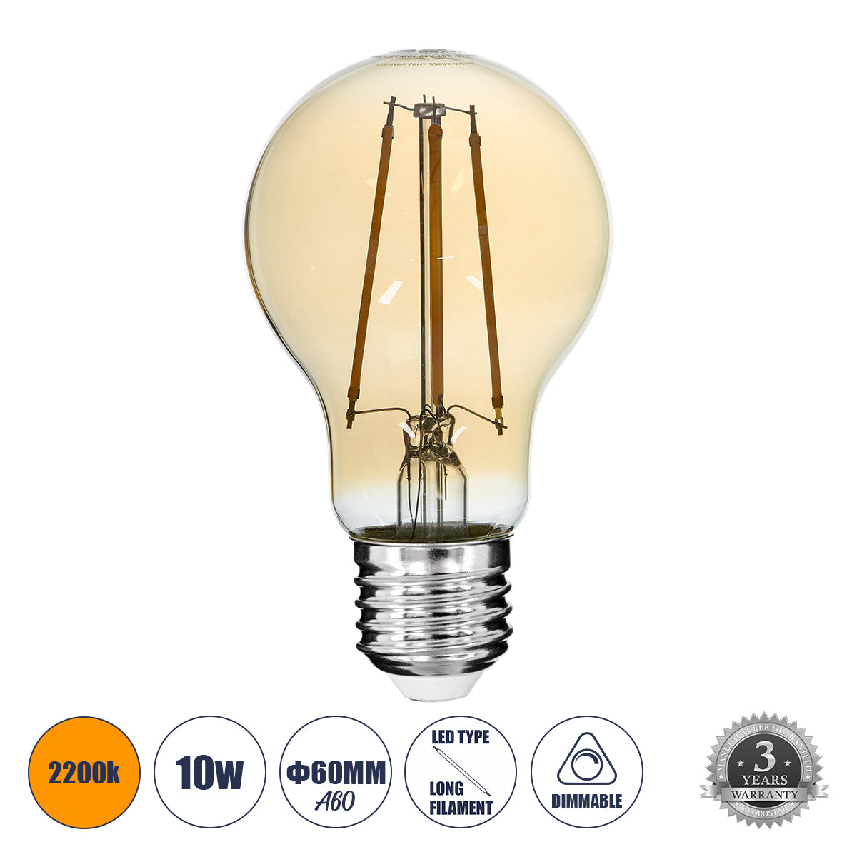 99038 Λάμπα LED Long Filament E27 A60 Γλόμπος 10W 900lm 360° AC 220-240V IP20 Φ6 x Υ10.5cm Ultra Θερμό Λευκό 2200K με Μελί Γυαλί - Dimmable