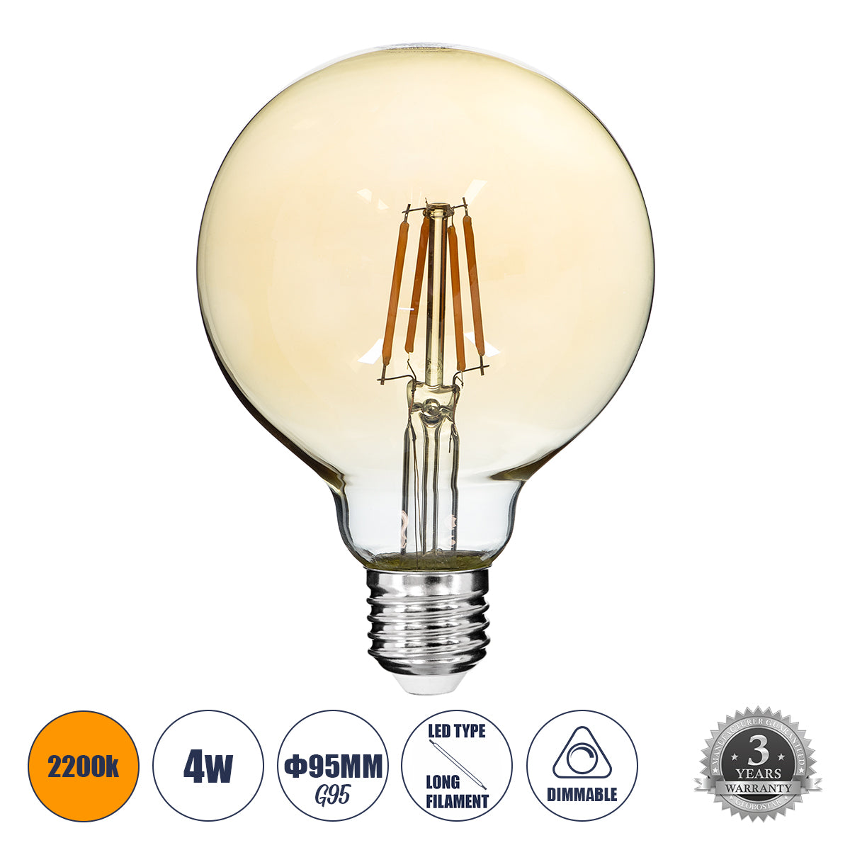 99039 LED Long Filament Bulb E27 G95 Globe 4W 350lm 360° AC 220-240V IP20 D9.5 x H13.5cm Ultra Θερμό Λευκό 2200K με Μελί Γυαλί - Dimmable