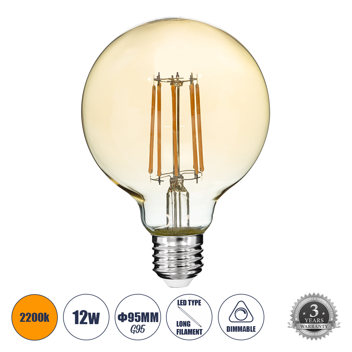 99041 LED Long Filament Bulb E27 G95 Globe 12W 1080lm 360° AC 220-240V IP20 D9.5 x H13.5cm Ultra Θερμό Λευκό 2200K με Μελί Γυαλί - Dimmable