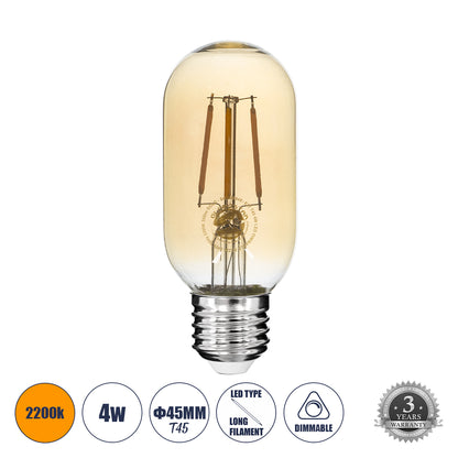 99048 Λάμπα LED Long Filament E27 T45 Σωλήνας 4W 350lm 360° AC 220-240V IP20 Φ4.5 x Υ11cm Ultra Θερμό Λευκό 2200K με Μελί Γυαλί - Dimmable