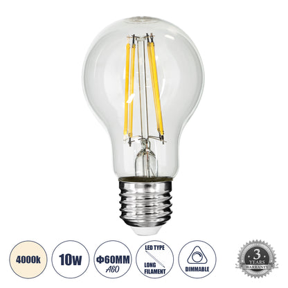 99053 Λάμπα LED Long Filament E27 A60 Γλόμπος 10W 1100lm 360° AC 220-240V IP20 Φ6 x Υ10.5cm Φυσικό Λευκό 4000K με Διάφανο Γυαλί - Dimmable