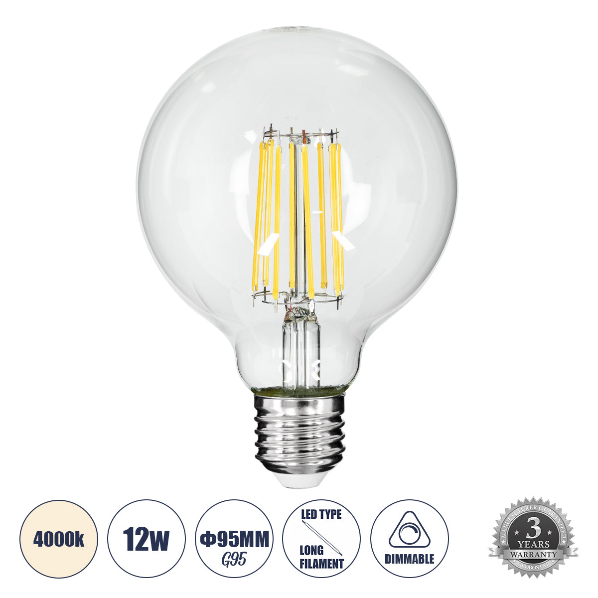 99054 Λάμπα LED Long Filament E27 G95 Γλόμπος 12W 1320lm 360° AC 220-240V IP20 Φ9.5 x Υ13.5cm Φυσικό Λευκό 4000K με Διάφανο Γυαλί - Dimmable