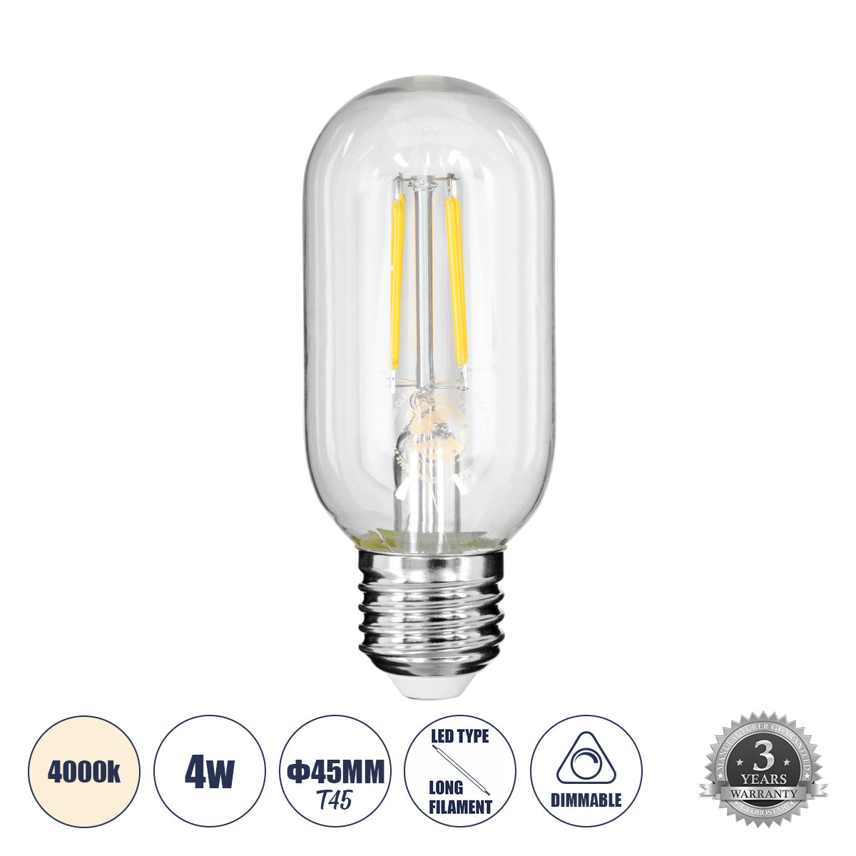 99057 Λάμπα LED Long Filament E27 T45 Σωλήνας 4W 440lm 360° AC 220-240V IP20 Φ4.5 x Υ11cm Φυσικό Λευκό 4000K με Διάφανο Γυαλί - Dimmable