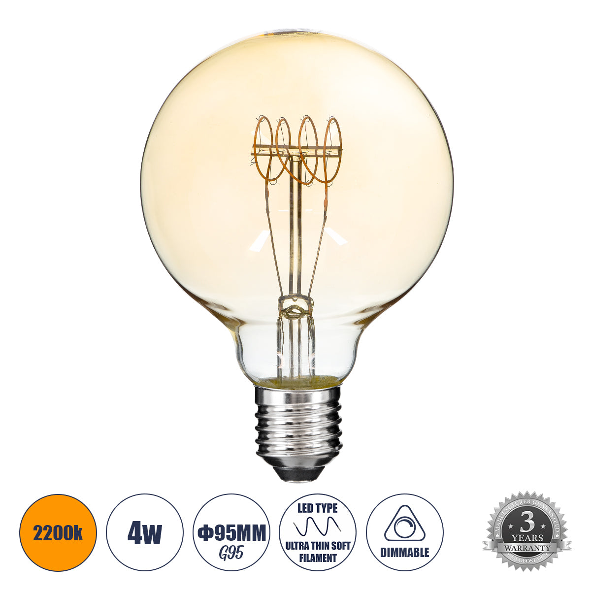 99060 Λάμπα LED Ultra Thin Soft S Spiral Filament E27 G95 Γλόμπος 4W 280lm 360° AC 220-240V IP20 Φ9.5 x Υ13.5cm Ultra Θερμό Λευκό 2200K με Μελί Γυαλί - Dimmable