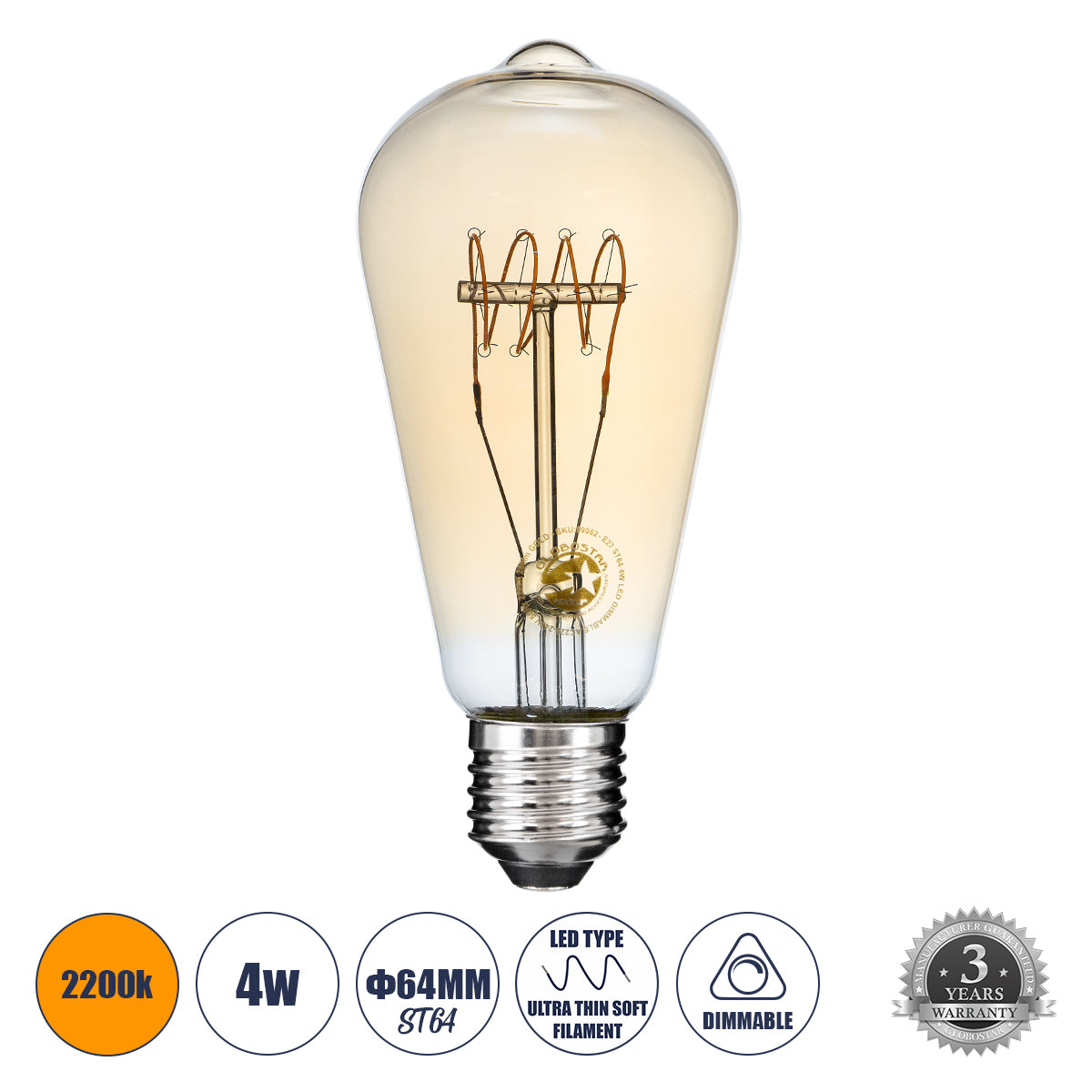99082 Λάμπα LED Ultra Thin Soft S Spiral Filament E27 ST64 Αχλάδι 4W 280lm 360° AC 220-240V IP20 Φ6.4 x Υ14cm Ultra Θερμό Λευκό 2200K με Μελί Γυαλί - Dimmable