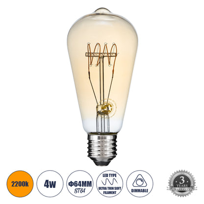 99082 Λάμπα LED Ultra Thin Soft S Spiral Filament E27 ST64 Αχλάδι 4W 280lm 360° AC 220-240V IP20 Φ6.4 x Υ14cm Ultra Θερμό Λευκό 2200K με Μελί Γυαλί - Dimmable