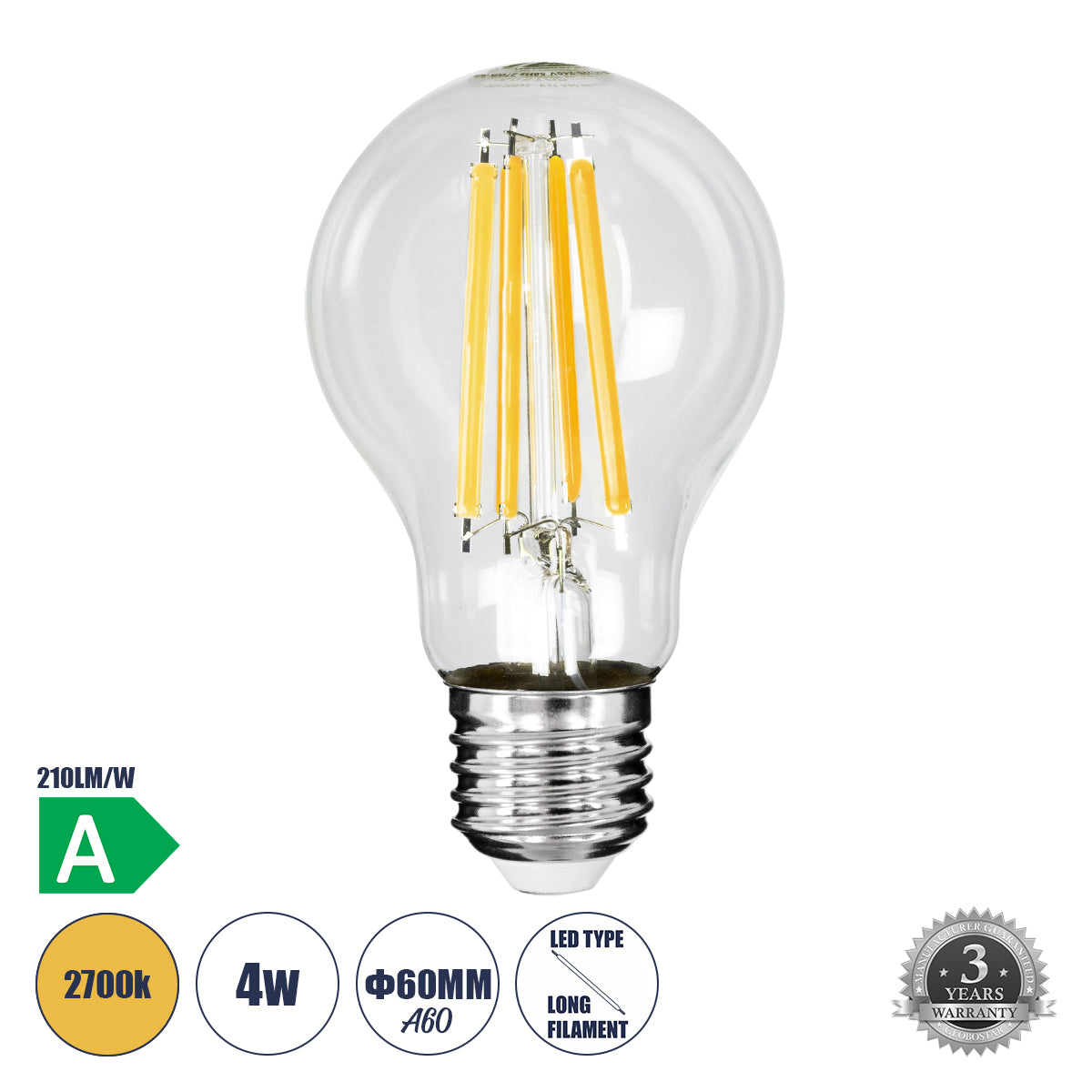 99083 Λάμπα LED Long Filament E27 A60 Γλόμπος 4W 840lm 360° AC 220-240V IP20 Φ6 x Υ11cm Θερμό Λευκό 2700K με Διάφανο Γυαλί - Pro Series 210lm/W - A Ενεργειακή Κλάση