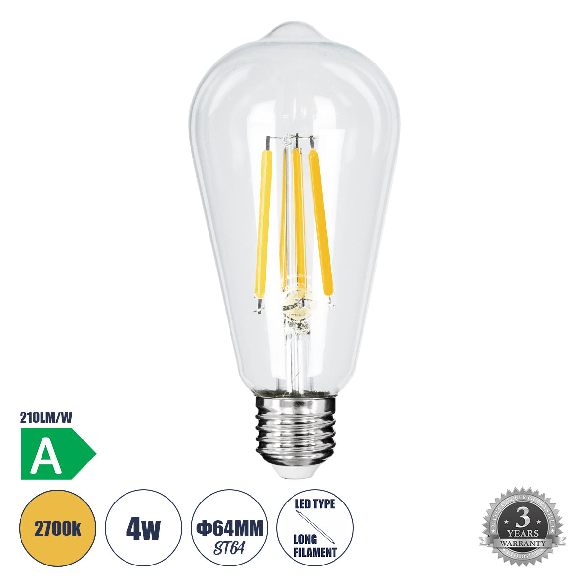 99086 Λάμπα LED Long Filament E27 ST64 Αχλάδι 4W 840lm 360° AC 220-240V IP20 Φ6.4 x Υ14.5cm Θερμό Λευκό 2700K με Διάφανο Γυαλί - Pro Series 210lm/W - A Ενεργειακή Κλάση