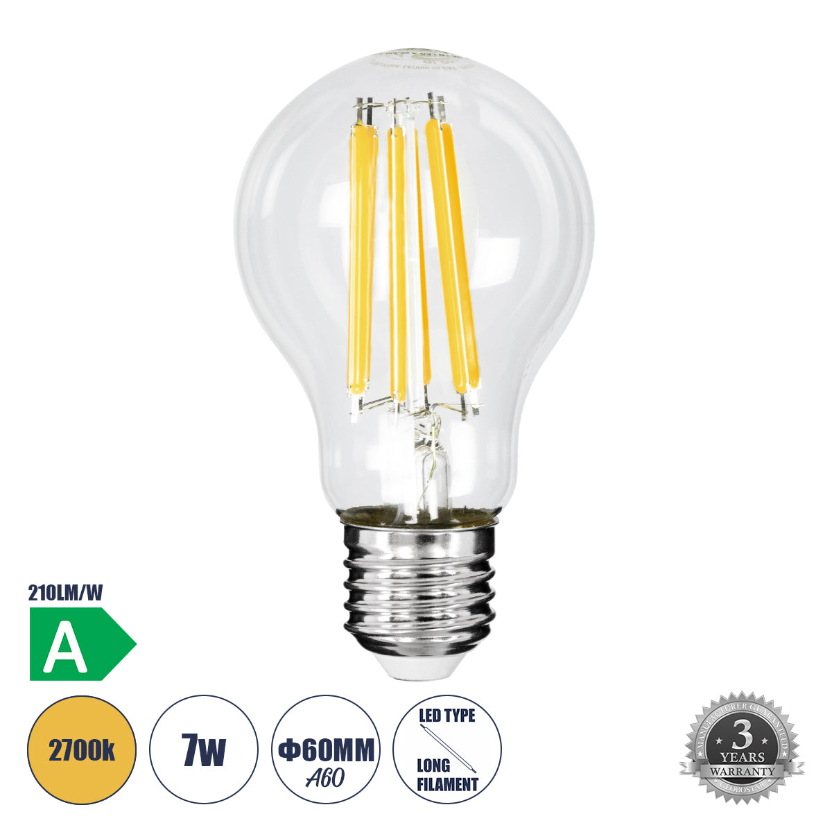 99087 Λάμπα LED Long Filament E27 A60 Γλόμπος 7W 1470lm 360° AC 220-240V IP20 Φ6 x Υ11cm Θερμό Λευκό 2700K με Διάφανο Γυαλί - Pro Series 210lm/W - A Ενεργειακή Κλάση