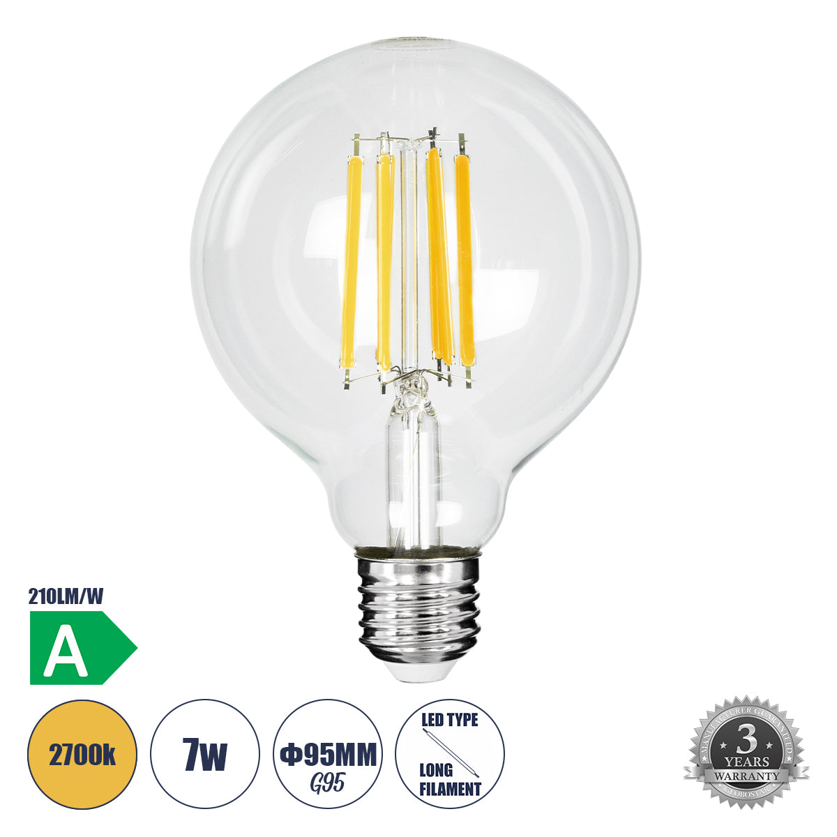 99088 Λάμπα LED Long Filament E27 G95 Γλόμπος 7W 1470lm 360° AC 220-240V IP20 Φ9.5 x Υ13.8cm Θερμό Λευκό 2700K με Διάφανο Γυαλί - Pro Series 210lm/W - A Ενεργειακή Κλάση
