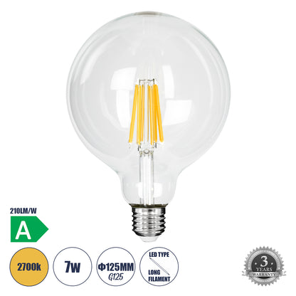 99089 Λάμπα LED Long Filament E27 G125 Γλόμπος 7W 1470lm 360° AC 220-240V IP20 Φ12.5 x Υ13.8cm Θερμό Λευκό 2700K με Διάφανο Γυαλί - Pro Series 210lm/W - A Ενεργειακή Κλάση