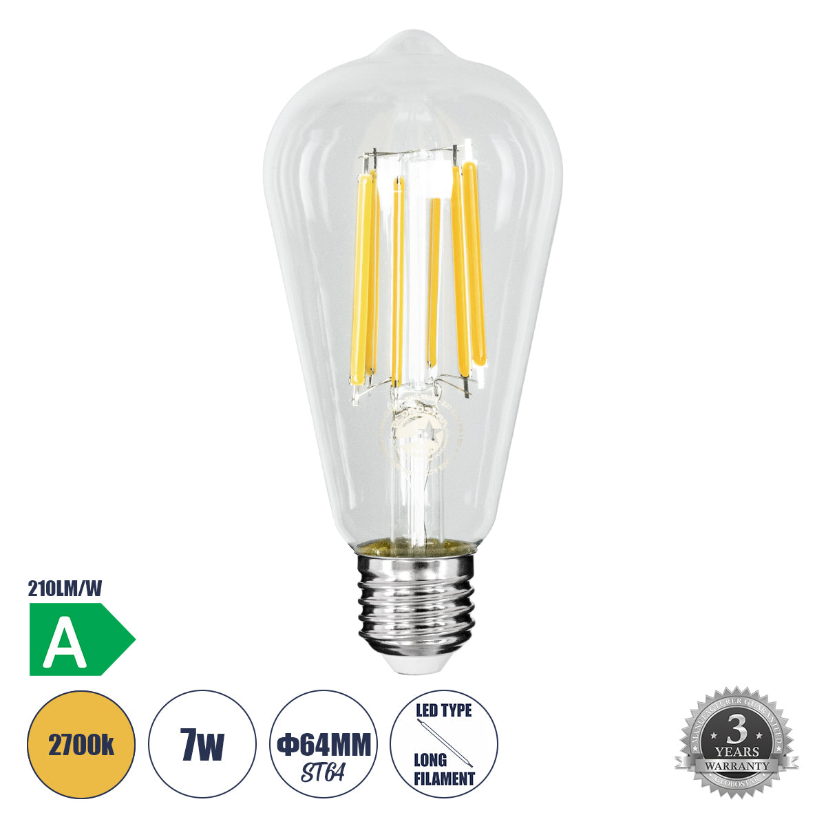 99090 Λάμπα LED Long Filament E27 ST64 Αχλάδι 7W 1470lm 360° AC 220-240V IP20 Φ6.4 x Υ14.5cm Θερμό Λευκό 2700K με Διάφανο Γυαλί - Pro Series 210lm/W - A Ενεργειακή Κλάση