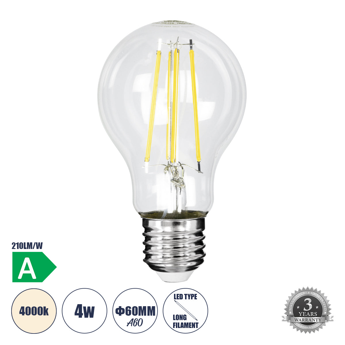 99091 Λάμπα LED Long Filament E27 A60 Γλόμπος 4W 840lm 360° AC 220-240V IP20 Φ6 x Υ11cm Φυσικό Λευκό 4000K με Διάφανο Γυαλί - Pro Series 210lm/W - A Ενεργειακή Κλάση