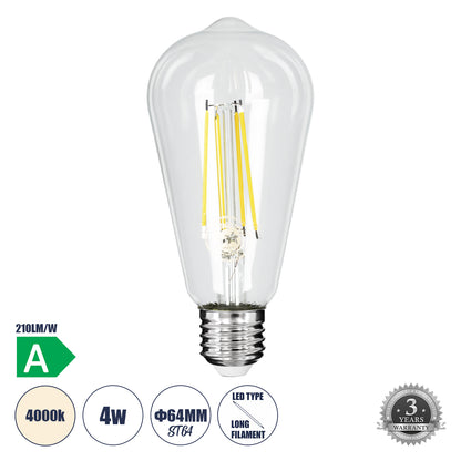 99094 Λάμπα LED Long Filament E27 ST64 Αχλάδι 4W 840lm 360° AC 220-240V IP20 Φ6.4 x Υ14.5cm Φυσικό Λευκό 4000K με Διάφανο Γυαλί - Pro Series 210lm/W - A Ενεργειακή Κλάση