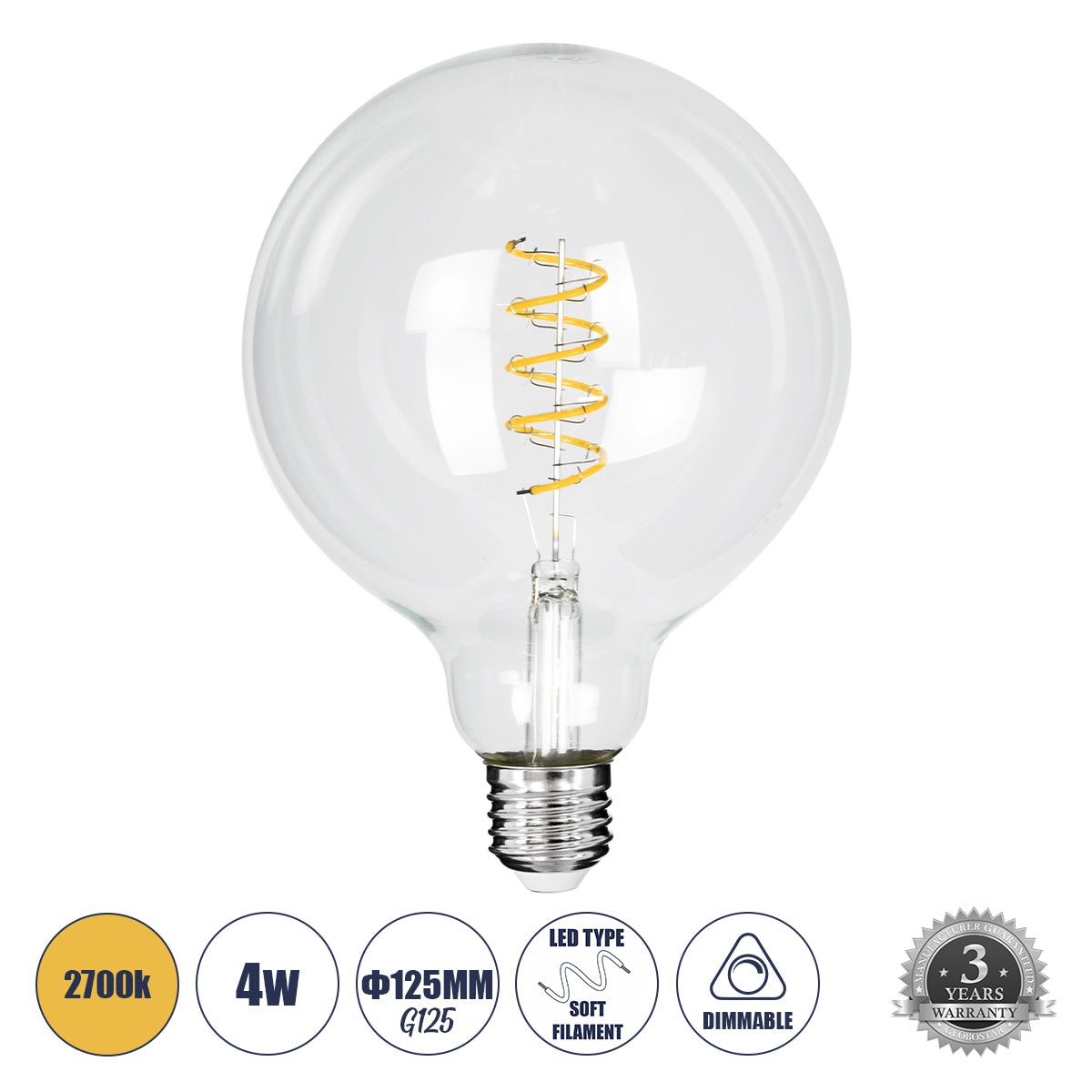 99137 Λάμπα LED Soft S Spiral Filament E27 G125 Γλόμπος 4W 300lm 360° AC 220-240V IP20 Φ12.5 x Υ18cm Θερμό Λευκό 2700K με Διάφανο Γυαλί Dimmable