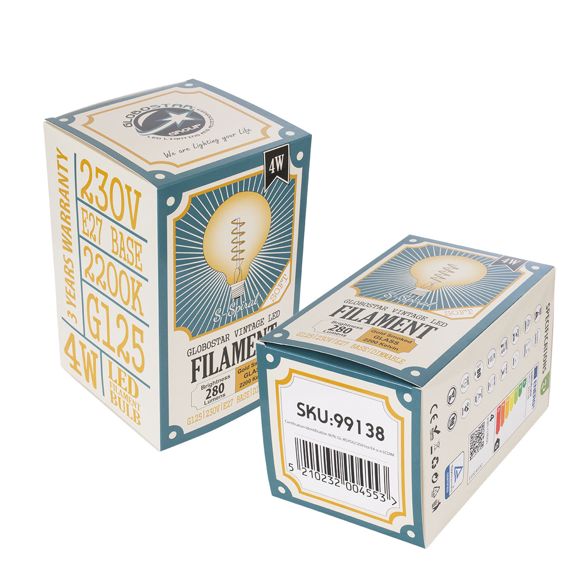 99138 Λάμπα LED Soft S Spiral Filament E27 G125 Γλόμπος 4W 280lm 360° AC 220-240V IP20 Φ12.5 x Υ18cm Ultra Θερμό Λευκό 2200K με Μελί Γυαλί - Dimmable