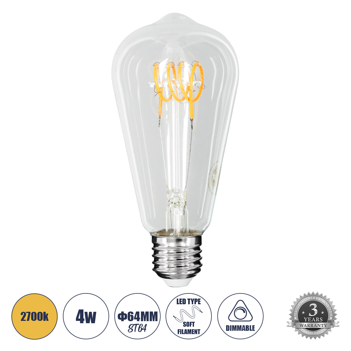 99140 Λάμπα LED Soft T Spiral Filament E27 ST64 Αχλάδι 4W 300lm 360° AC 220-240V IP20 Φ6.4 x Υ14cm Θερμό Λευκό 2700K με Διάφανο Γυαλί Dimmable