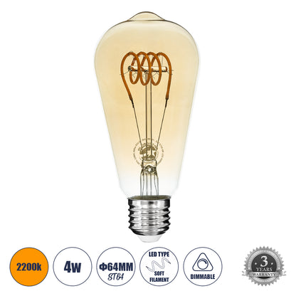 99141 Λάμπα LED Soft T Spiral Filament E27 ST64 Αχλάδι 4W 280lm 360° AC 220-240V IP20 Φ6.4 x Υ14cm Ultra Θερμό Λευκό 2200K με Μελί Γυαλί Dimmable