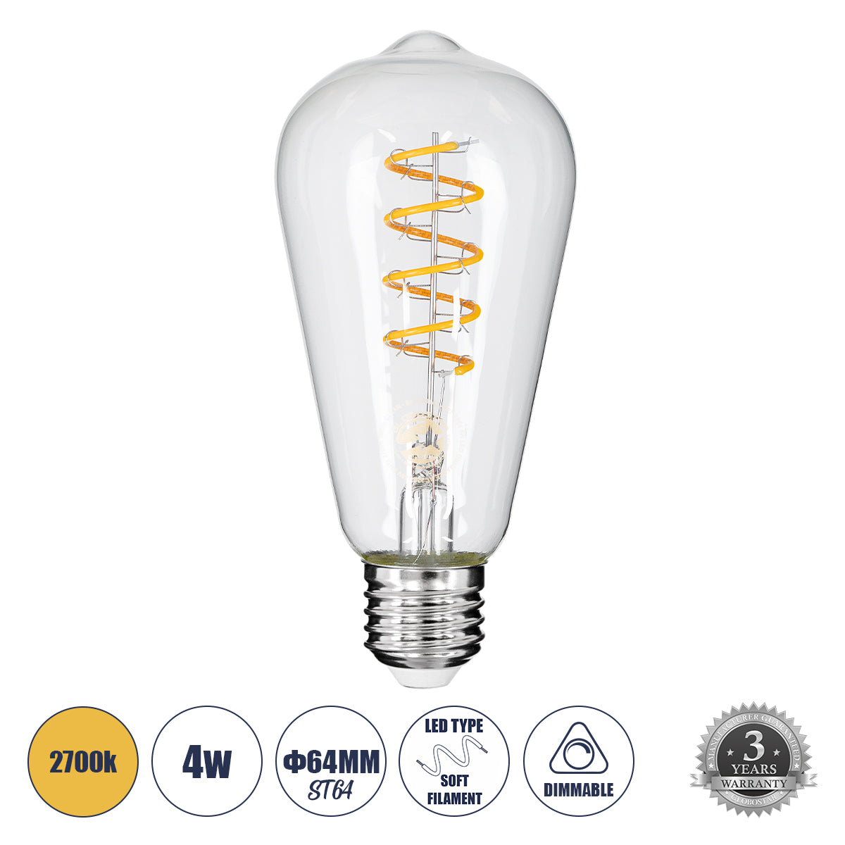 99143 Λάμπα LED Soft S Spiral Filament E27 ST64 Αχλάδι 4W 300lm 360° AC 220-240V IP20 Φ6.4 x Υ14cm Θερμό Λευκό 2700K με Διάφανο Γυαλί - Dimmable