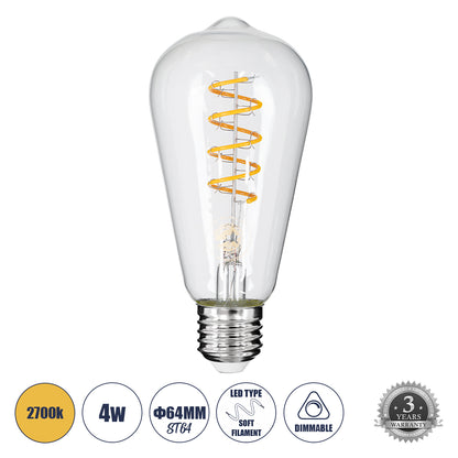 99143 Λάμπα LED Soft S Spiral Filament E27 ST64 Αχλάδι 4W 300lm 360° AC 220-240V IP20 Φ6.4 x Υ14cm Θερμό Λευκό 2700K με Διάφανο Γυαλί - Dimmable